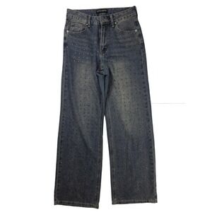 Ashley Mason Brown Studded Straight Leg Jeans Womens 25 Blue Denim High Rise
